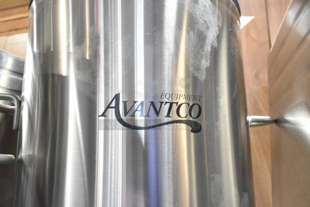 Two Avantco iced tea dispensers; 3-gallon and 5-gallon models. Stainless steel with visible brand logo. New condition.