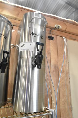 Brand new Avantco ITD5-GS-MV 5 Gallon Slim Iced Tea Dispenser with stainless steel valve, missing lid, label indicates model number.