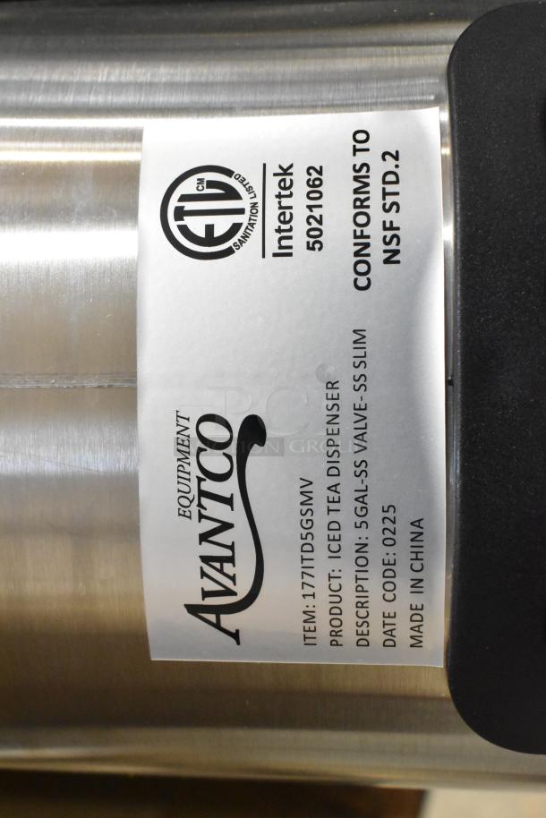 Brand new Avantco ITD5-GS-MV 5-gal iced tea dispenser, stainless steel valve, no lid, scratch and dent. Label shows ETL, NSF Std. 2 compliance.
