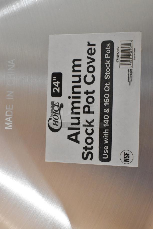 Alt text: Aluminum stock pot cover label, 24-inch size, for 140 and 160 qt pots, "Made in China," NSF marked.