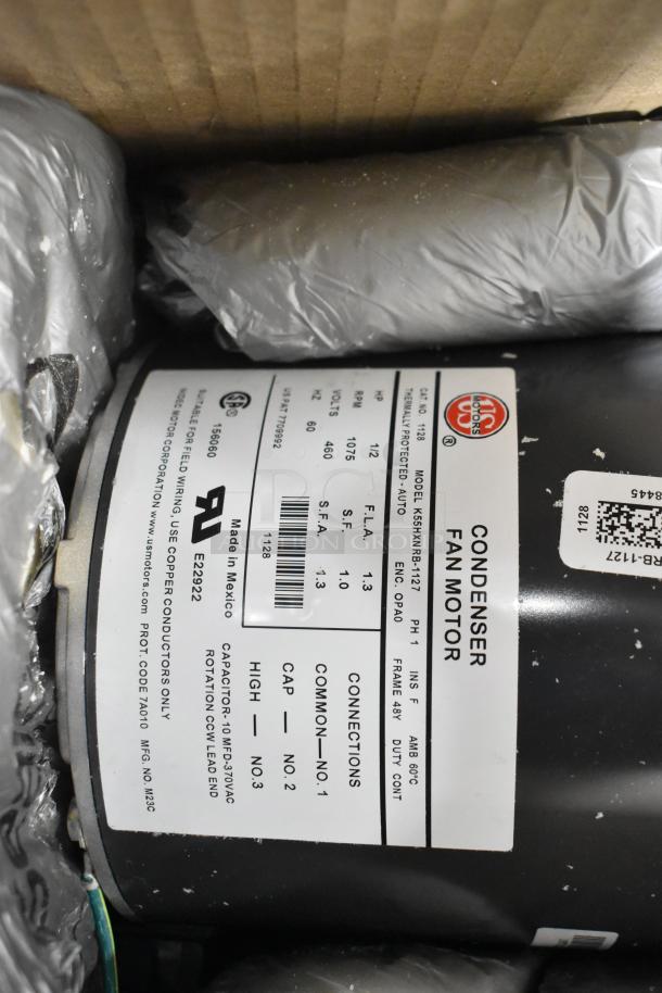 US Motors K55HXNRB-1127 condenser fan motor, 460V, 3 phase, label details specs, made in Mexico, in packaging.