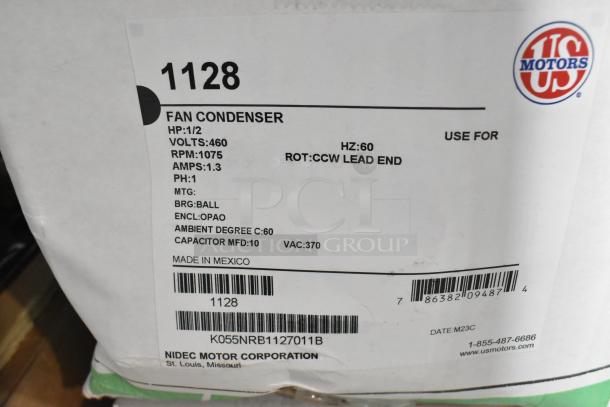 2 US Motors 1128 Fan Condenser Motors, 460V, 3 Phase, 1/2 HP, 1075 RPM, 1.3 Amps; includes original packaging and labels.
