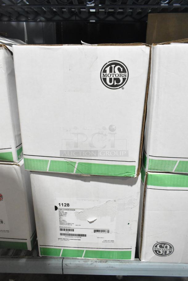 Boxed US Motors 1128 Fan Condenser Motors, 460V, 3-phase, with visible label details, sold as a set of two.