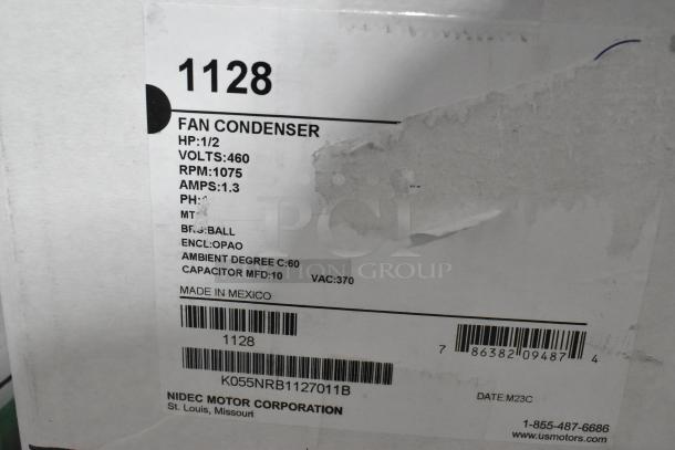 Two US Motors 1128 Fan Condenser Motors, 460V, 3 Phase, 1/2 HP, RPM 1075, 1.3 Amps, new in box, Made in Mexico.