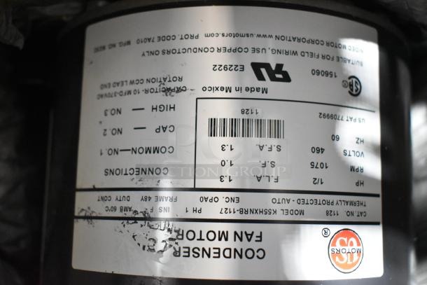 2 US Motors 1128 Fan Condenser Motors, 460 Volts, 3 Phase, visible label showing specifications and model details.