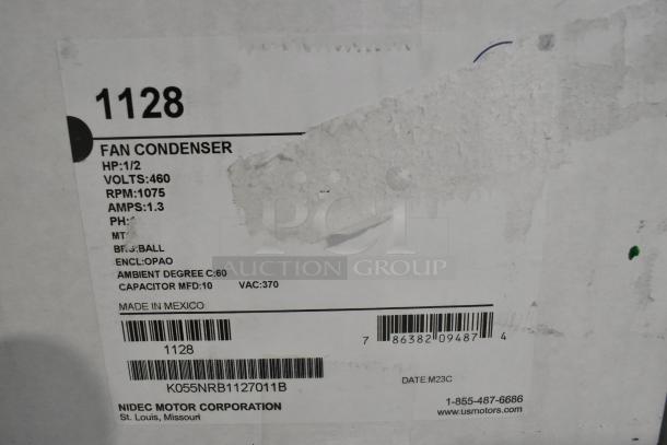2 US Motors 1128 Fan Condenser Motors, 1/2 HP, 460V, 3 Phase, RPM 1075, new condition, labeled with specs and Nidec logo.