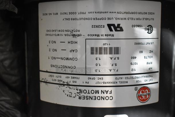 2 US Motors 1128 Fan Condenser Motor, 460V, 3 Phase, Model K56HXHR-1127, 1/2 HP, 1075 RPM, labels visible.