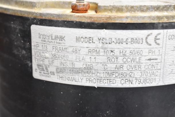 Interlink YSLB-300-6-B003 motor label, 380/460V, 1 phase, 1/3 HP, RPM 1075, frame 48Y, thermal protection, type UF.