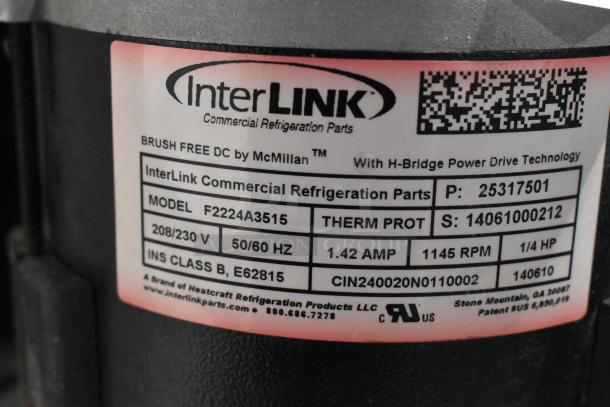 Interlink motor F2224A3515 label; 208/230V, 1.42A, 1/4 HP, 1145 RPM, Therm Prot. Includes US Motors K55HXNRB-1127.