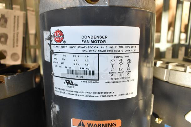 2 US Motors J63WZHRF-0309 condenser motors, 480V, 3 phase, model details and specs visible on label, made in Mexico.
