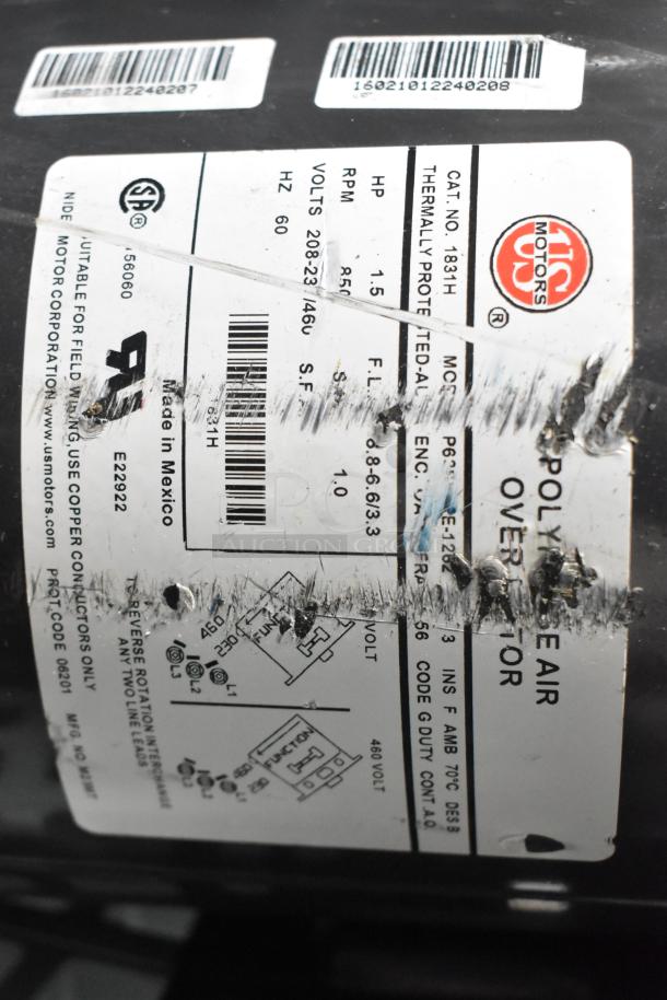 Two US Motors condenser motors, 208/230480 volts, 3 phase, 1.5 HP, thermally protected, model 1831H, made in Mexico.