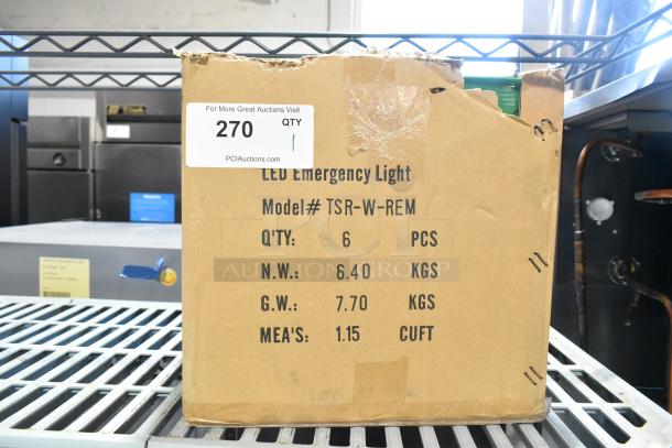 Box of TSR-W-REM LED emergency lights, scratch and dent condition, quantity 6, net weight 6.40 kg, gross weight 7.70 kg.
