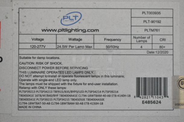 Pallet lot of fluorescent lights by PLT, model PLTM761. Supports 120-277V, 24.5W max per lamp, 4 lamps, CRI 80+, suitable for damp locations.