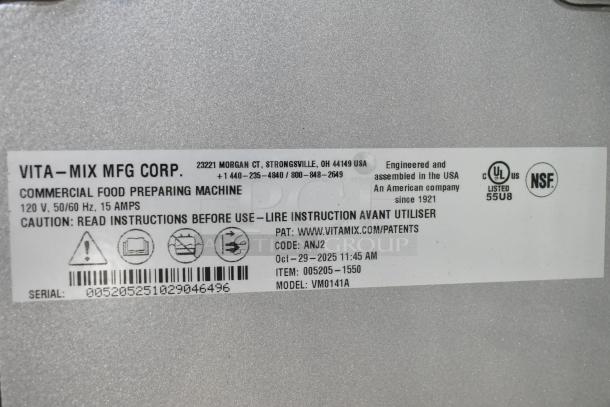 BRAND NEW SCRATCH AND DENT VitaMix VM0141A 5205 XL Blender Base, 4.2 hp, 115V, tag shows model, serial number, and safety info.