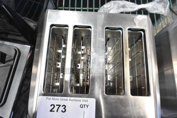 BRAND NEW Cuisinart WST480 4 Slice Stainless Steel Toaster, scratch and dent condition, tag shows auction lot number.