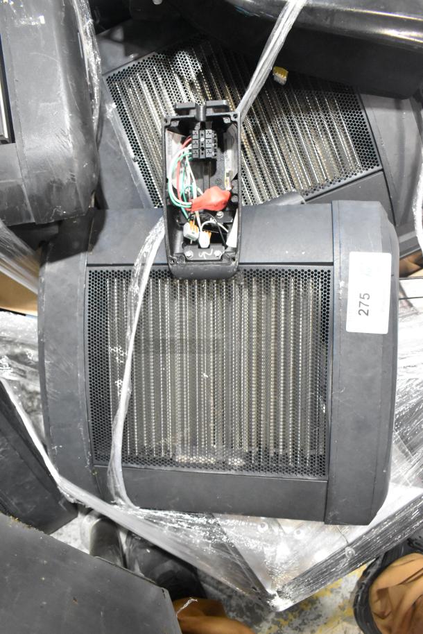 Eight assorted light fixtures, black casing, metal mesh front, showing wiring details, labeled number 275.