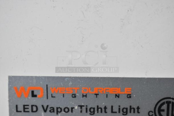 WD West Durable Lighting LED Vapor Tight Light label, highlighting brand logo and product name.