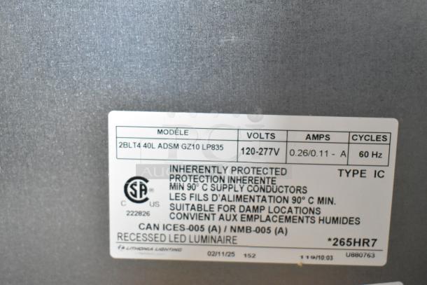 Label on Lithonia Lighting 2BLT4 40L ADSM GZ10 LP835 LED Troffer. Voltage: 120-277V. CSA certified, recessed LED luminaire.