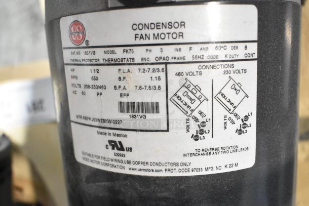 US Motors FK75 Condenser Fan Motor, 208-230/460V, 3 Phase, 1 1/2 HP, RPM 850, model 1831VG, Made in Mexico.