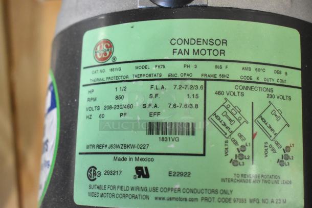 2 US Motors FK75 condenser fan motors, 208-230/460V, 3 phase, 1.5 HP, 850 RPM, Cat No. 1831VG, Made in Mexico.