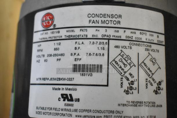 Two US Motors FK75 condenser fan motors, 208-230/460V, 3 phase, with label showing specifications and wiring diagram.