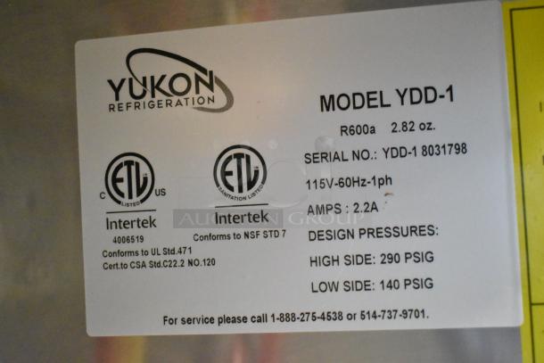 Yukon YDD-1 Stainless Steel Kegerator label; 115V, 1 phase, model YDD-1, ETL listed, conforming to UL and CSA standards.