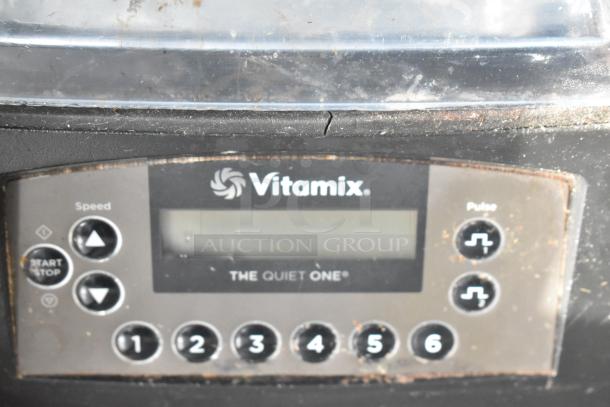 VitaMix VM0145 metal countertop blender, worn front panel with controls, clear dome, labeled "The Quiet One," 120V, 1 phase.