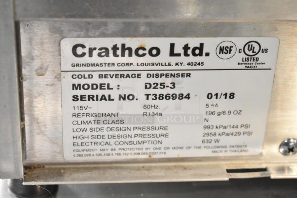 2018 Crathco D25-3 stainless steel cold beverage dispenser base, model D25-3, 115V, serial T386984, NSF and UL listed.