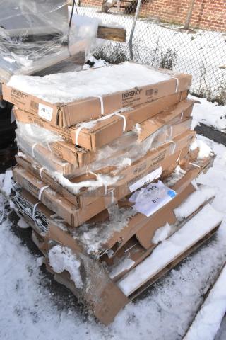 10 brand new scratch and dent Regency wire shelves, 18"x72" size, packed in snowy boxes. Minor packaging damage visible.
