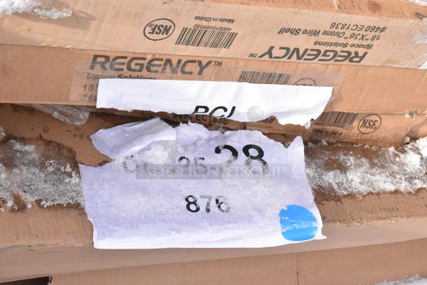 Box of Regency wire shelves, marked "18 x 36" chrome wire shelf," NSF approved. Packaging shows snow and wear.