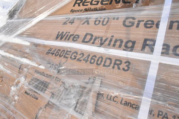 Cardboard box showing "ReGen" Space Solutions 24"x60" green wire drying rack #460EG2460DR3, wrapped in plastic.
