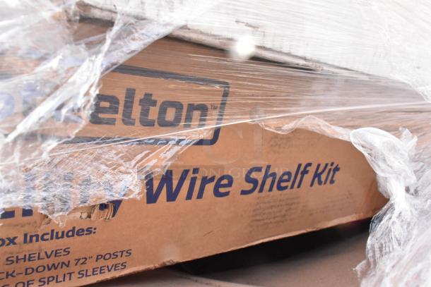 Steelton Wire Shelf Kit in original packaging with visible scratch and dent. Box includes unpacked 72" posts and split sleeves.