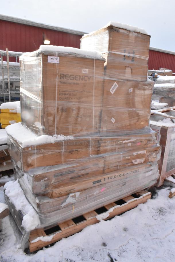 Pallet with 16 new scratch and dent items; includes Regency sinks and Lancaster folding tables. Boxes wrapped in plastic.