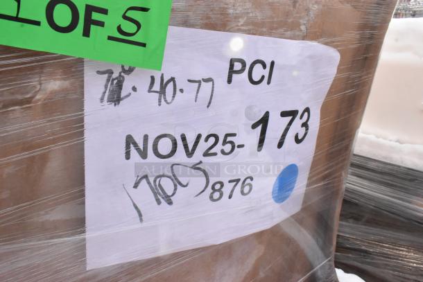 Label on industrial packaging marked "PCI NOV25-173" with hand-drawn numbers. Pallet contains 16 scratch and dent items.