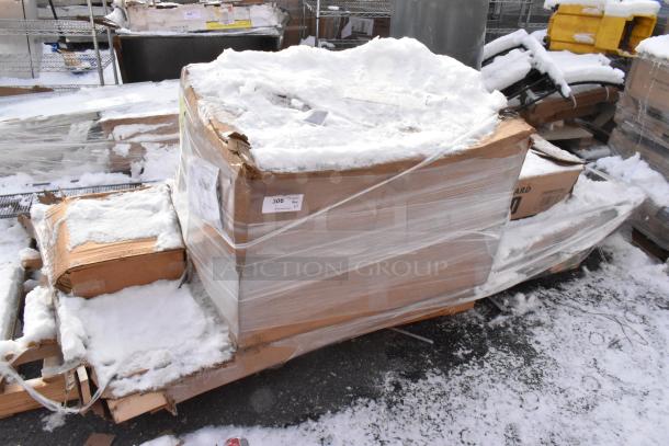Box of 5 brand new scratch and dent items, including pop-up canopy tents and traffic door, wrapped in plastic with snow on top.