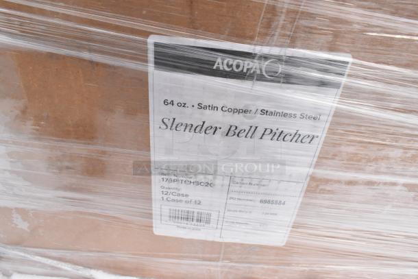 Pallet of 12 Acopa 64 oz. Satin Copper Stainless Steel Slender Bell Pitchers, item 176PITCHSC2Q, new condition.