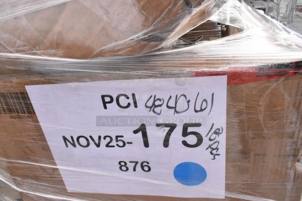 Pallet wrapped in plastic containing new scratch and dent items, including a wire shelf, locker, and pot rack. Label reads "PCI 484061, NOV25-175, 876."