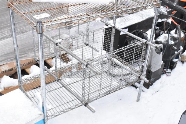 Chrome finish wire shelving units, sturdy, disassembled. Labels indicate buyer dismantling is required. Consider freight costs.