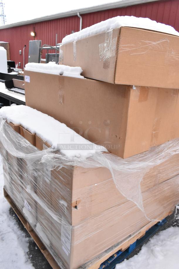 Pallet of 15 new "scratch and dent" items including 6" backlit cornice with LED panel, packaged in snowy cardboard boxes.