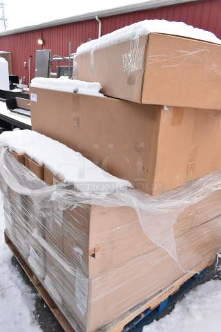 Pallet of 15 new "scratch and dent" items including 6" backlit cornice with LED panel, packaged in snowy cardboard boxes.
