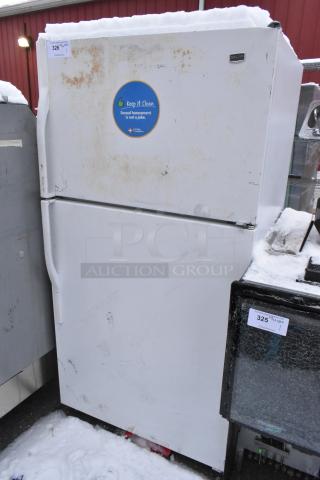 Maytag M1TXEGMYW01 reach-in cooler with freezer, 115V, 1 Phase. Visible wear, rust, and a "Keep It Clean" sticker on the door.