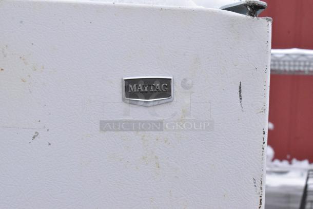 Maytag M1TXEGMYW01 reach-in cooler with freezer, 115 volts, 1 phase. Maytag logo visible, some wear on white exterior.