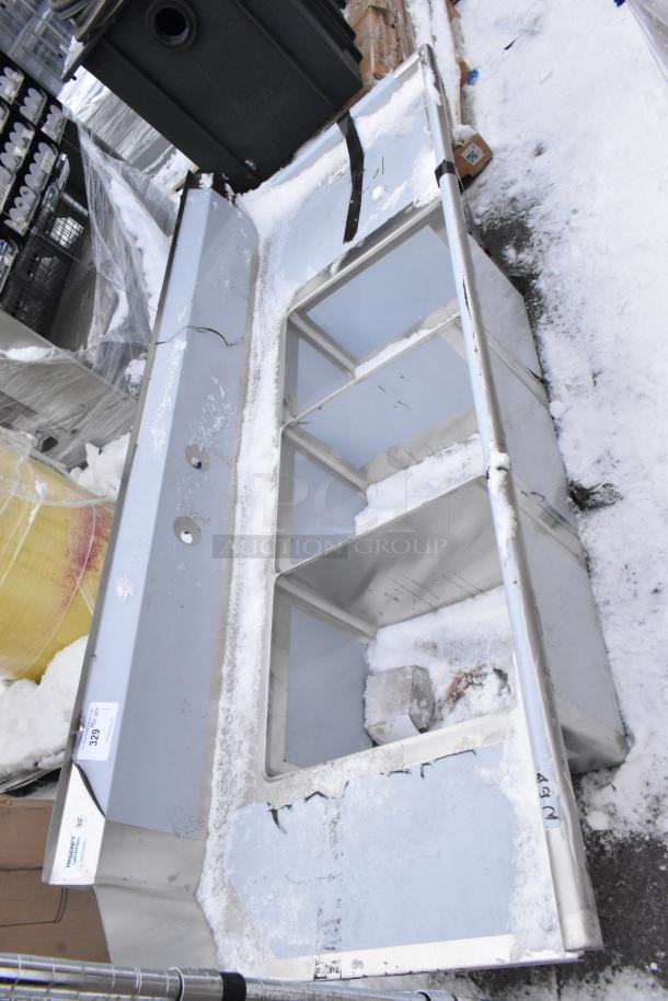 Brand new Regency 600DDTS384RT 7' soiled dish table, 16-gauge, 3-compartment sink, right drainboard, minor scratches visible.