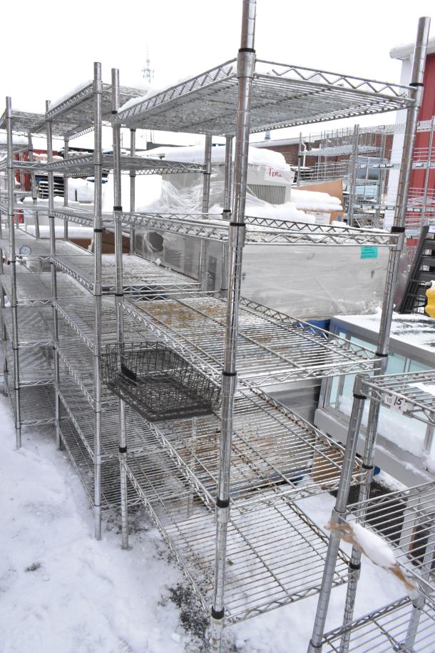 Two chrome finish wire shelves, sturdy metal construction, outdoor setting. Buyer dismantles; consider freight costs.