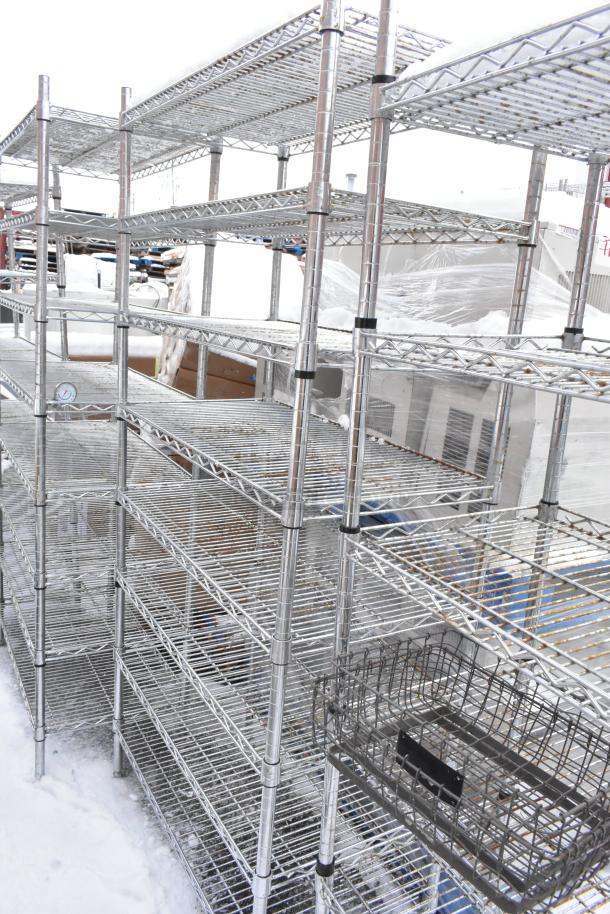 Two chrome finish wire shelves, large, multi-tier, sturdy, buyer must dismantle, suitable for heavy storage.