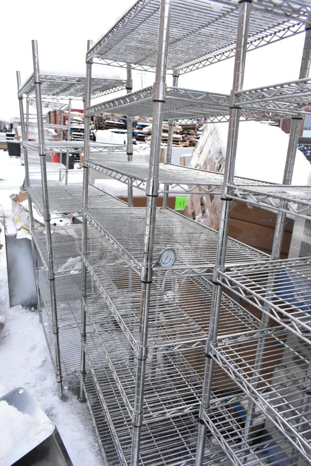 Two chrome finish wire shelves, sturdy construction, multiple tiers. Buyer must dismantle. Consider freight charges.