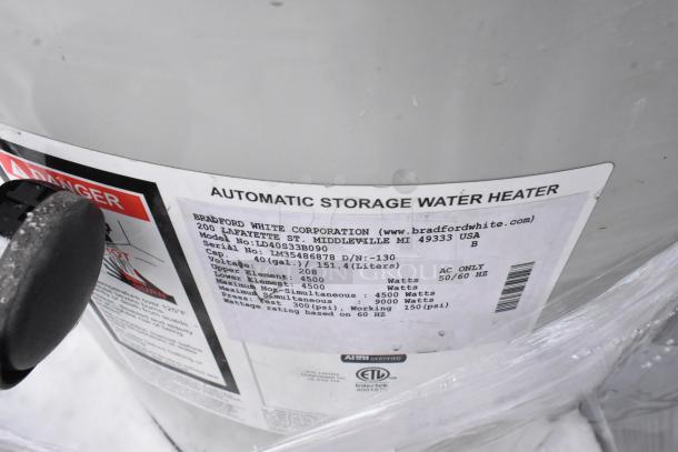 Bradford White LD40S33B090 water heater label, showing model, serial number, capacity, voltage, wattage, and safety instructions.