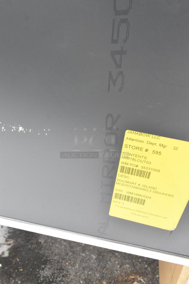 Merchandise display case with label indicating Jahabow LLC, store #595, Walmart 4' island, standard, 2 drawers, item in good condition.