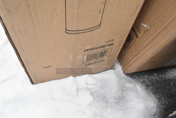 Cardboard box labeled "475DW15RPDBK Lancaster Table & Seating," indicating a 15-gallon black metal trash can.