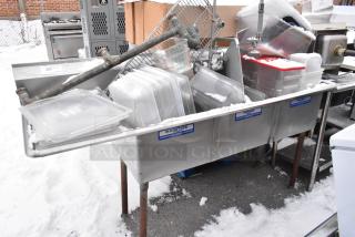 Stainless Steel 3 Bay Sink w/ Left Side Drain Board and Contents Including Poly Bins. - Item #1226300